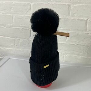 Steve Madden Women's Ribbed Knit Faux Fur Beanie Hat Black One Size